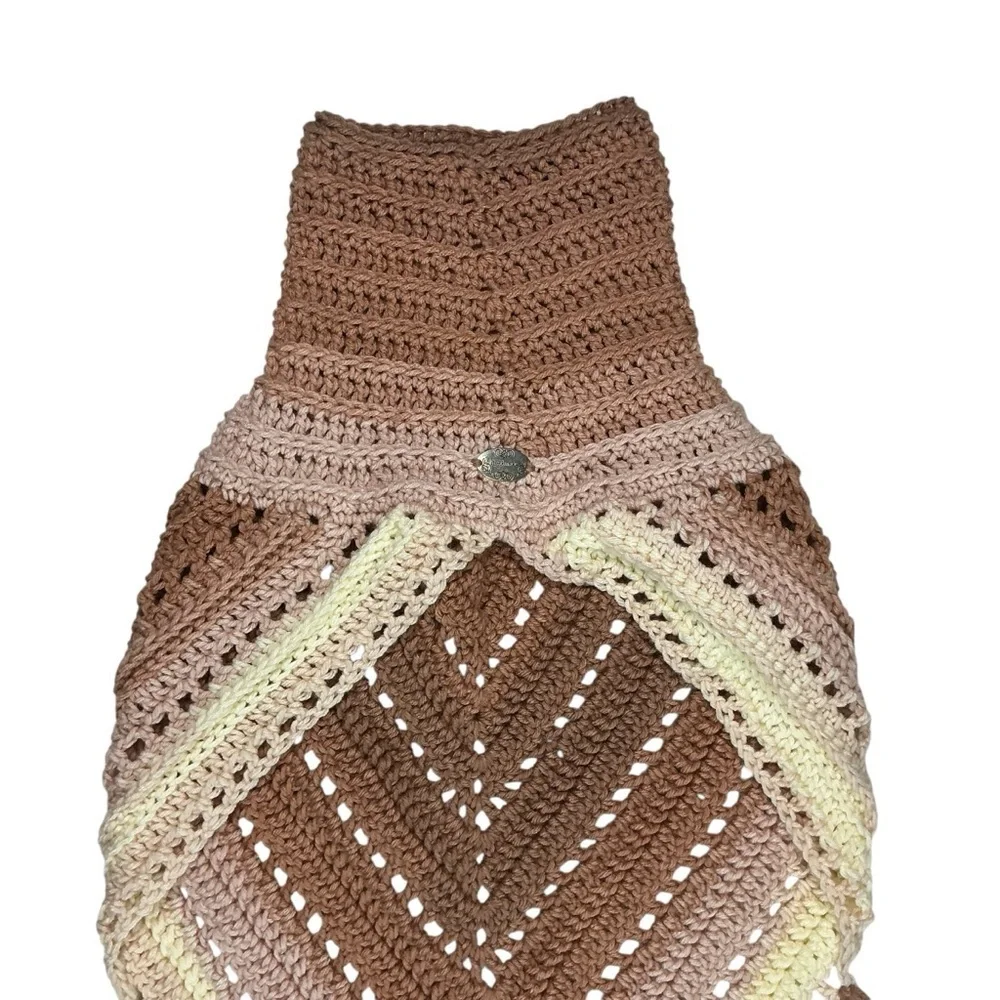 Hand Crafted‎ Crochet Turtle Neck Scarf in Beige and Cream with Fringe
